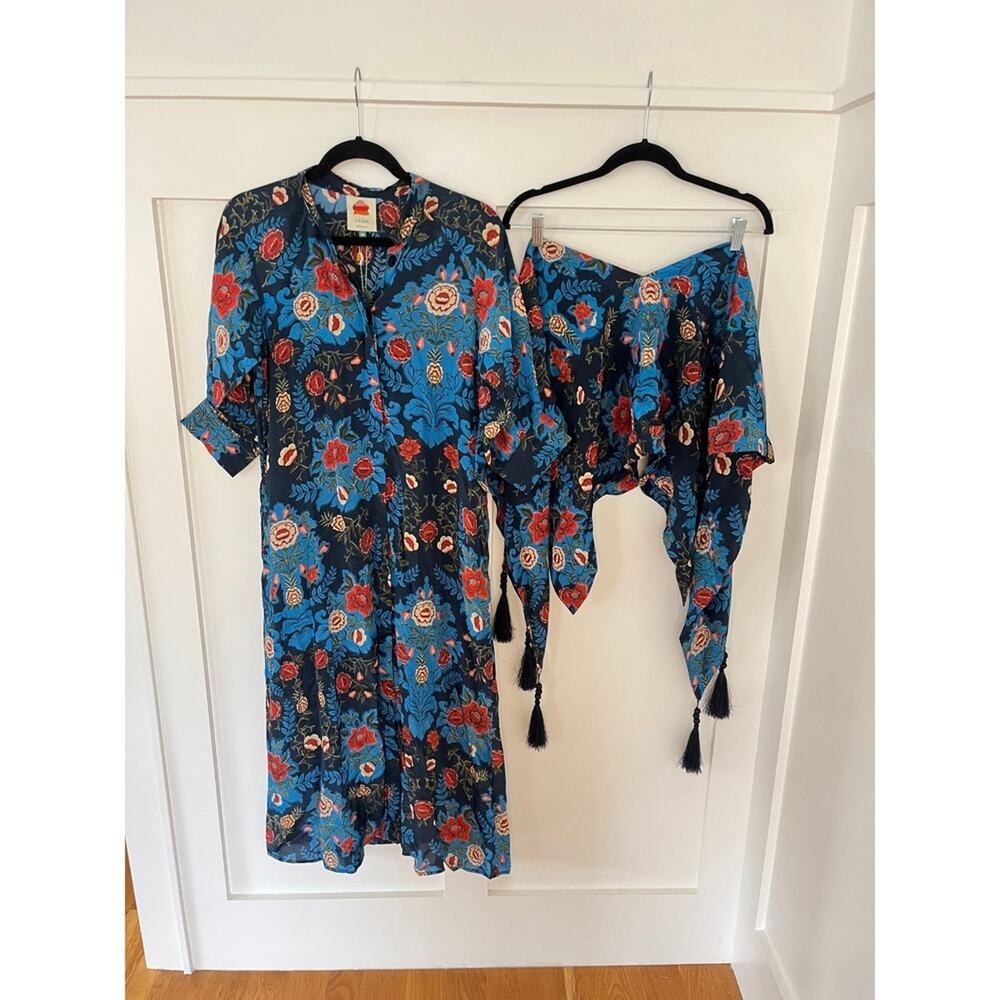 Farm Rio Maxi Dress Blue Floral Print Tie Waist Midi Length - Picture 3 of 6